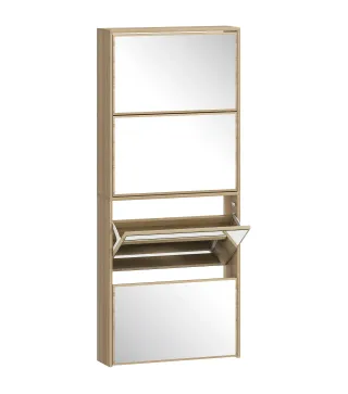 Zapatero Estrecho con Espejo y 4 Puertas Abatibles para 12 Pares de Zapatos 63x17x146 cm Natural