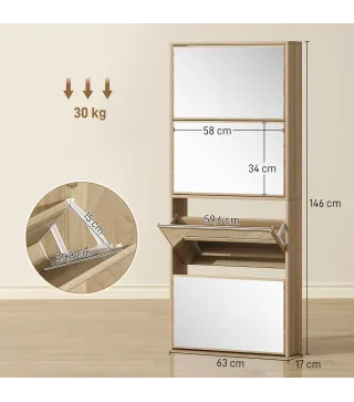 Zapatero Estrecho con Espejo y 4 Puertas Abatibles para 12 Pares de Zapatos 63x17x146 cm Natural