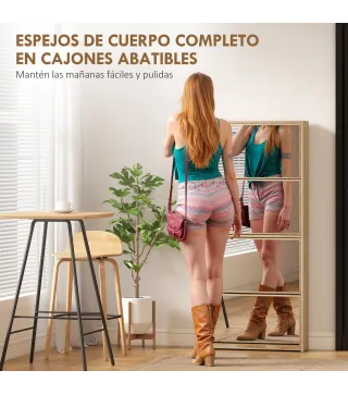 Zapatero Estrecho con Espejo y 4 Puertas Abatibles para 12 Pares de Zapatos 63x17x146 cm Natural