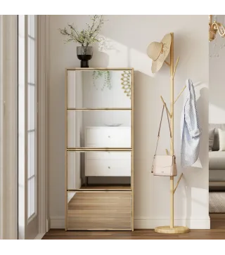 Zapatero Estrecho con Espejo y 4 Puertas Abatibles para 12 Pares de Zapatos 63x17x146 cm Natural