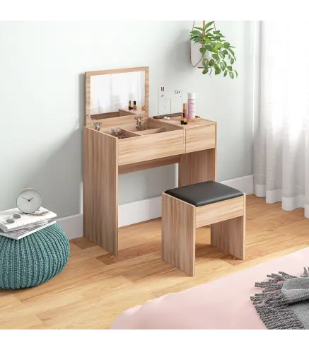 Tocador de Maquillaje con Taburete Mesa de Maquillaje con Espejo Tapa Abatible y Cajas 80x40x79 cm y 40x30x40 cm