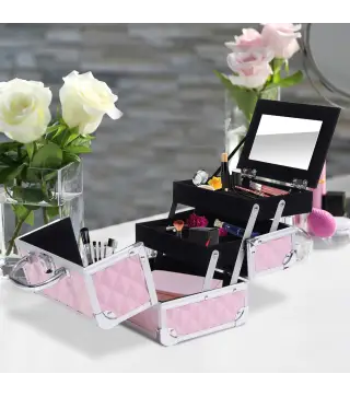 Maletín de Maquillaje Organizador Cosméticos Profesional Estuche de Maquillaje Caja de Belleza Portátil Con Espejo Cerradura Var