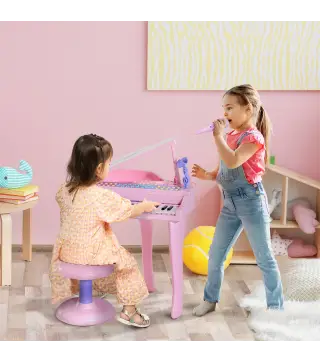 Piano Infantil 37 Teclas Teclado Electrónico Piano para Niños con Micrófono Taburete Luces y 22 Canciones USB/MP3 Karaoke Modo d