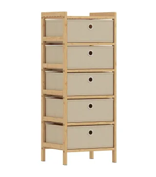 Cómoda con 5 Cajones de Tela Estructura de Bambú Cajonera para Espacios Pequeños Crema y Natural