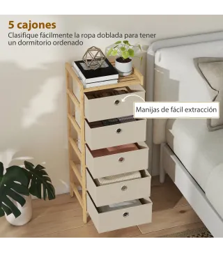 Cómoda con 5 Cajones de Tela Estructura de Bambú Cajonera para Espacios Pequeños Crema y Natural