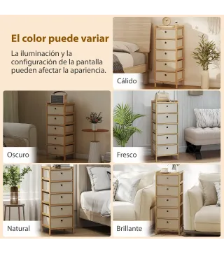 Cómoda con 5 Cajones de Tela Estructura de Bambú Cajonera para Espacios Pequeños Crema y Natural