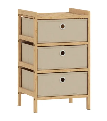 Cómoda con 3 Cajones de Tela Estructura de Bambú Cajonera para Espacios Pequeños Crema y Natural