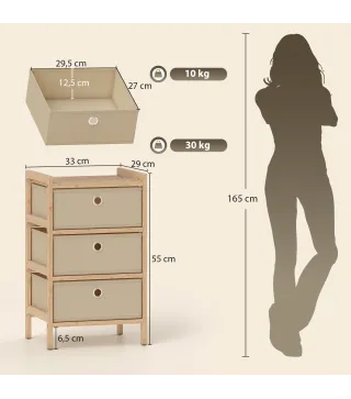 Cómoda con 3 Cajones de Tela Estructura de Bambú Cajonera para Espacios Pequeños Crema y Natural