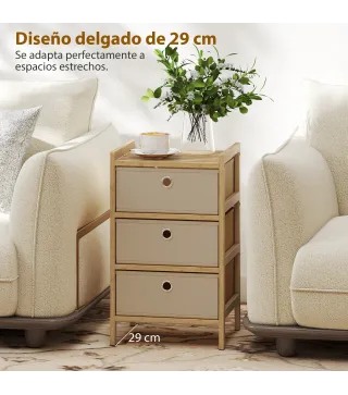 Cómoda con 3 Cajones de Tela Estructura de Bambú Cajonera para Espacios Pequeños Crema y Natural