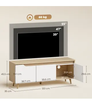 Mesa de TV para Salón con 3 Puertas para Televisión de 55 Pulgadas Estilo Moderno 120x35x45,5 cm Roble y Blanco