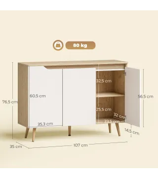 Aparador de Salón con 3 Puertas Estantes Ajustables Patas de Madera para Cocina Entrada 107x35x76,5 cm Roble y Blanco