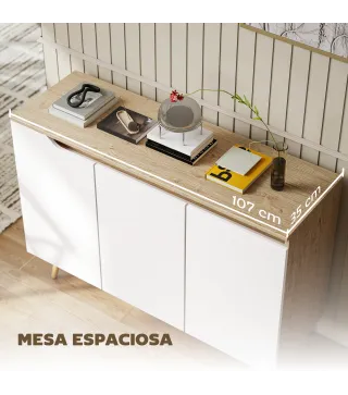 Aparador de Salón con 3 Puertas Estantes Ajustables Patas de Madera para Cocina Entrada 107x35x76,5 cm Roble y Blanco