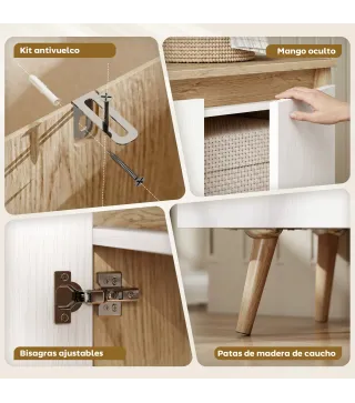 Aparador de Salón con 3 Puertas Estantes Ajustables Patas de Madera para Cocina Entrada 107x35x76,5 cm Roble y Blanco