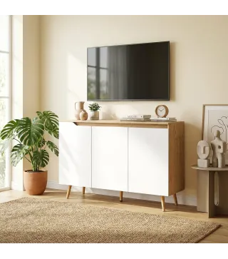 Aparador de Salón con 3 Puertas Estantes Ajustables Patas de Madera para Cocina Entrada 107x35x76,5 cm Roble y Blanco