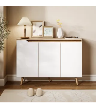 Aparador de Salón con 3 Puertas Estantes Ajustables Patas de Madera para Cocina Entrada 107x35x76,5 cm Roble y Blanco