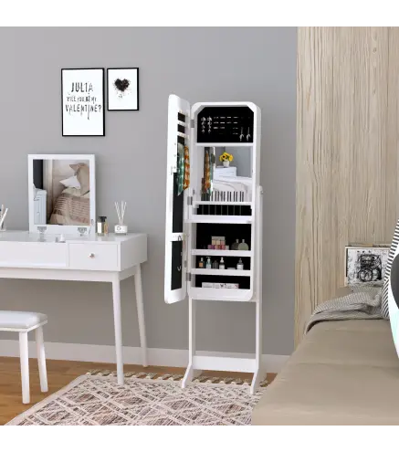 Joyero de Pie con Espejo Armario para Joyas Luces Reclinable Guardajoyas Anillos Pendientes Collares 30x36x146cm Blanco