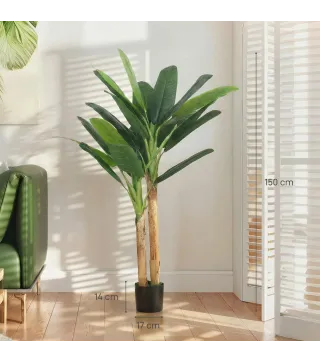 Árbol de Plátano Artificial 150 cm Planta Artificial Decorativa con Maceta y 2 Troncos para Hogar Oficina Salón Verde