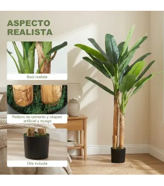 Árbol de Plátano Artificial 150 cm Planta Artificial Decorativa con Maceta y 2 Troncos para Hogar Oficina Salón Verde