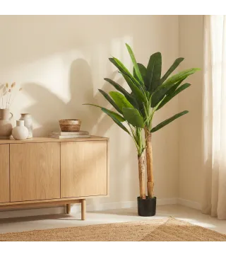 Árbol de Plátano Artificial 150 cm Planta Artificial Decorativa con Maceta y 2 Troncos para Hogar Oficina Salón Verde