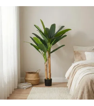 Árbol de Plátano Artificial 150 cm Planta Artificial Decorativa con Maceta y 2 Troncos para Hogar Oficina Salón Verde
