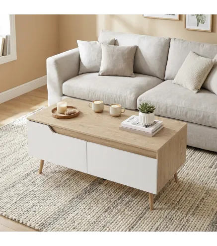 Mesa de Centro con 2 Cajones Mesa baja para Salón con Patas de Madera de Pino 100x50x46cm Roble