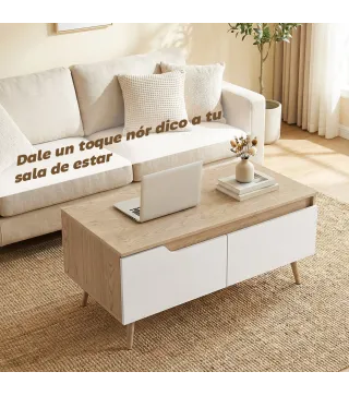 Mesa de Centro con 2 Cajones Mesa baja para Salón con Patas de Madera de Pino 100x50x46cm Roble