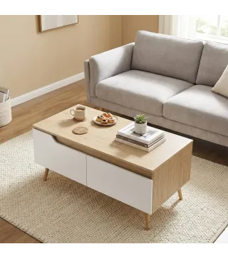 Mesa de Centro con 2 Cajones Mesa baja para Salón con Patas de Madera de Pino 100x50x46cm Roble