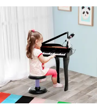 Piano Infantil 37 Teclas Teclado Electrónico Juego de Piano con Micrófono Taburete Luces y 22 Canciones USB/MP3 Karaoke Modo de