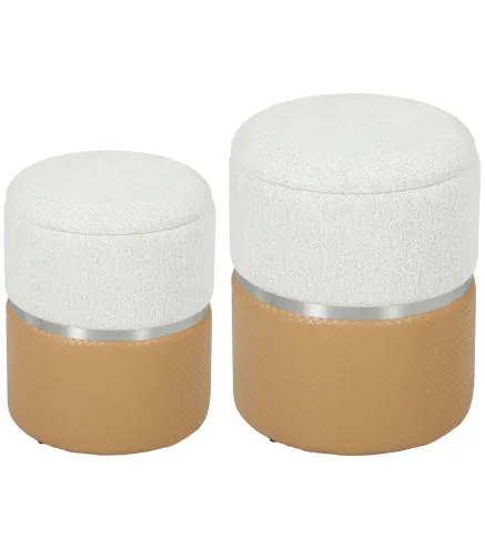 Juego de 2 Puff Almacenaje Tapizados en Chenilla y PU Asiento Acolchado para Pasillo Dormitorio Marrón y Crema