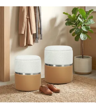 Juego de 2 Puff Almacenaje Tapizados en Chenilla y PU Asiento Acolchado para Pasillo Dormitorio Marrón y Crema