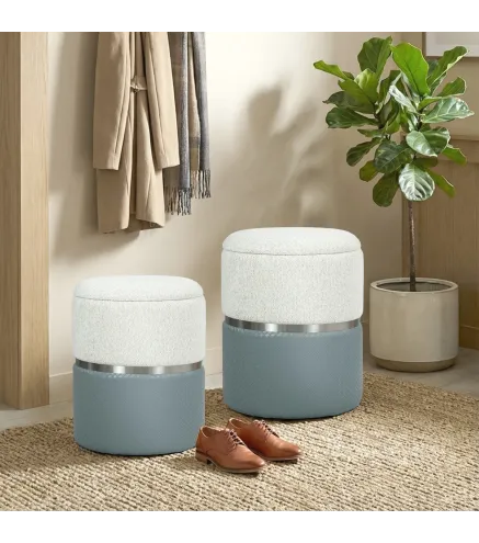 Juego de 2 Puff Almacenaje Tapizados en Chenilla y PU Asiento Acolchado para Pasillo Dormitorio Gris y Crema