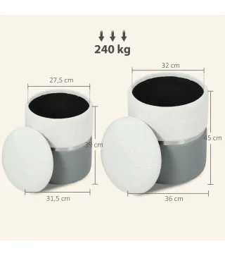 Juego de 2 Puff Almacenaje Tapizados en Chenilla y PU Asiento Acolchado para Pasillo Dormitorio Gris y Crema