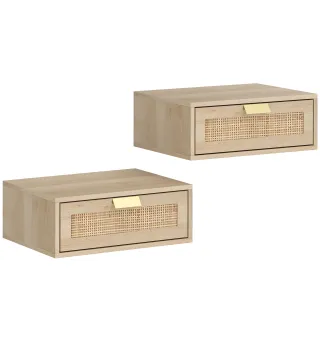 Juego de 2 Mesitas de Noche Flotantes con Cajón de Ratán Ahorra Espacio Diseño Moderno 40x30x15 cm Natural