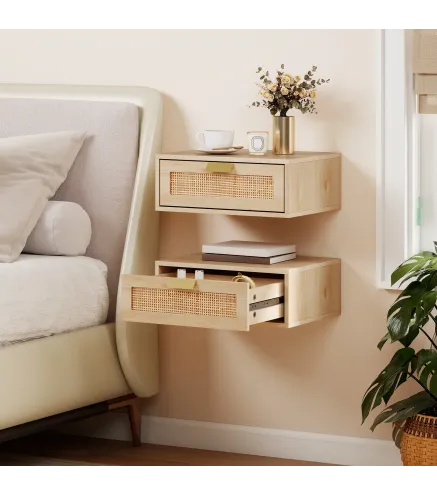 Juego de 2 Mesitas de Noche Flotantes con Cajón de Ratán Ahorra Espacio Diseño Moderno 40x30x15 cm Natural