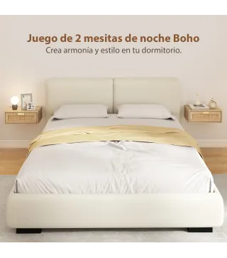 Juego de 2 Mesitas de Noche Flotantes con Cajón de Ratán Ahorra Espacio Diseño Moderno 40x30x15 cm Natural