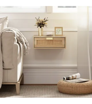 Juego de 2 Mesitas de Noche Flotantes con Cajón de Ratán Ahorra Espacio Diseño Moderno 40x30x15 cm Natural