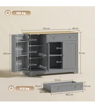 Aparador de Cocina Armario de Cocina con 3 Estantes de Puerta Cajón Estantes Ajustables para Comedor 105x40x83 cm Gris