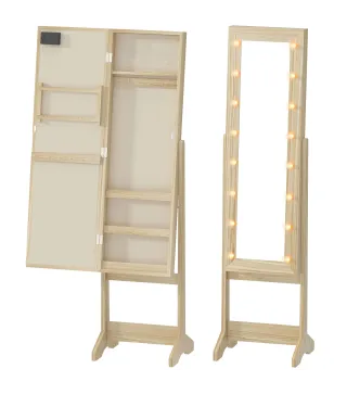 Espejo Joyero con Luces LED Armario para Joyas Armario Joyero de Pie con Espejo Entero Ángulo Ajustable Madera Natural