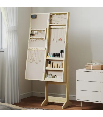 Espejo Joyero con Luces LED Armario para Joyas Armario Joyero de Pie con Espejo Entero Ángulo Ajustable Madera Natural