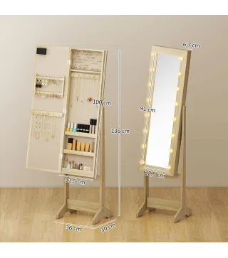 Espejo Joyero con Luces LED Armario para Joyas Armario Joyero de Pie con Espejo Entero Ángulo Ajustable Madera Natural