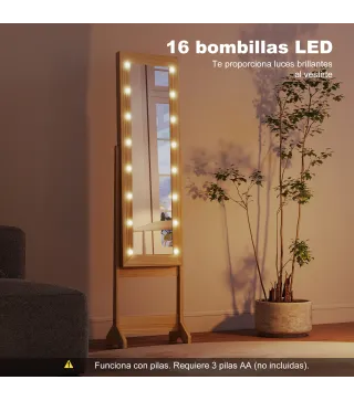 Espejo Joyero con Luces LED Armario para Joyas Armario Joyero de Pie con Espejo Entero Ángulo Ajustable Madera Natural