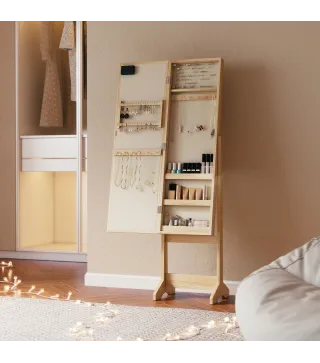 Espejo Joyero con Luces LED Armario para Joyas Armario Joyero de Pie con Espejo Entero Ángulo Ajustable Madera Natural