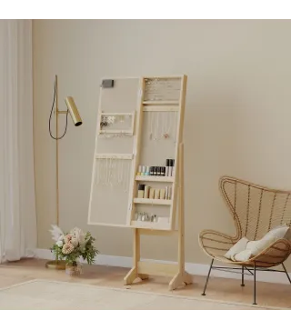 Espejo Joyero con Luces LED Armario para Joyas Armario Joyero de Pie con Espejo Entero Ángulo Ajustable Madera Natural