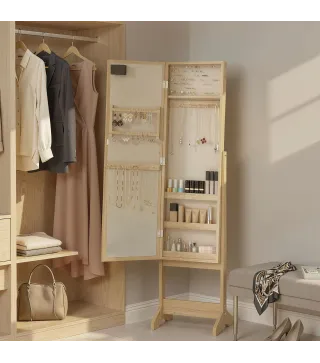 Espejo Joyero con Luces LED Armario para Joyas Armario Joyero de Pie con Espejo Entero Ángulo Ajustable Madera Natural