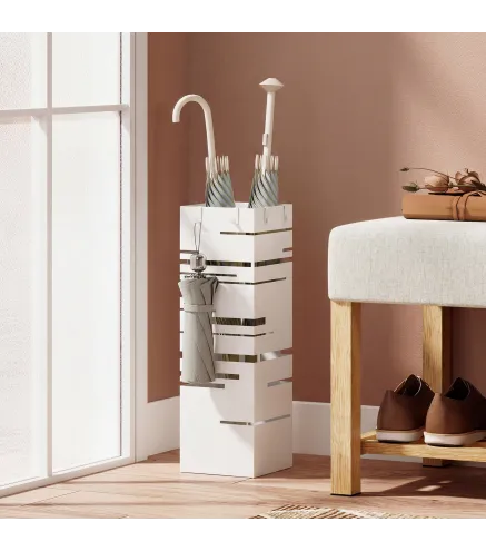 Paragüero Metálico con 4 Ganchos y Bandeja de Goteo Extraíble para Entrada Oficina 15,5x15,5x49 cm Blanco