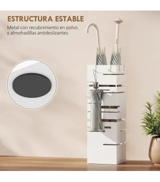 Paragüero Metálico con 4 Ganchos y Bandeja de Goteo Extraíble para Entrada Oficina 15,5x15,5x49 cm Blanco