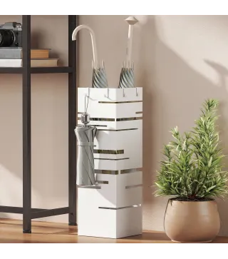 Paragüero Metálico con 4 Ganchos y Bandeja de Goteo Extraíble para Entrada Oficina 15,5x15,5x49 cm Blanco