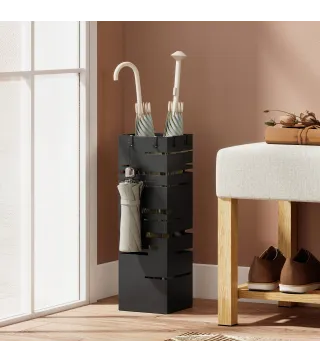 Paragüero Metálico con 4 Ganchos y Bandeja de Goteo Extraíble para Entrada Oficina 15,5x15,5x49 cm Negro