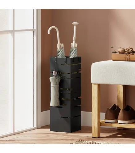 Paragüero Metálico con 4 Ganchos y Bandeja de Goteo Extraíble para Entrada Oficina 15,5x15,5x49 cm Negro