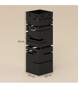 Paragüero Metálico con 4 Ganchos y Bandeja de Goteo Extraíble para Entrada Oficina 15,5x15,5x49 cm Negro